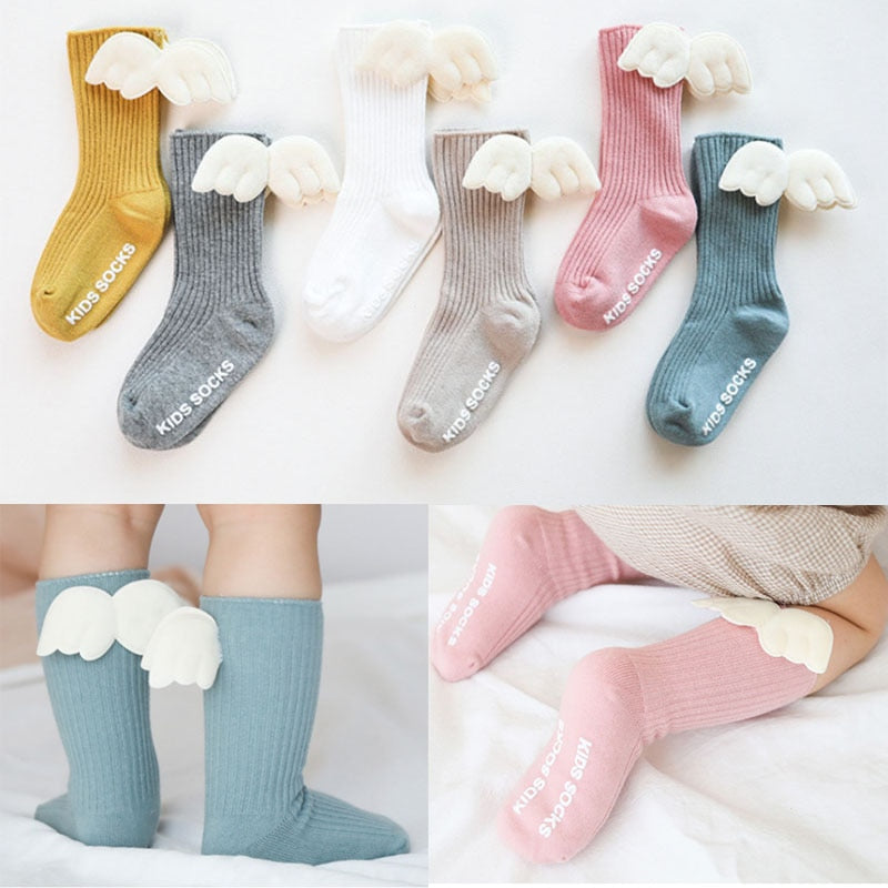 Baby Girls Knee High Socks  Angel wing  Summer Autumn Cotton Socks Solid Candy Color Kids Toddler  Short Socks For Children