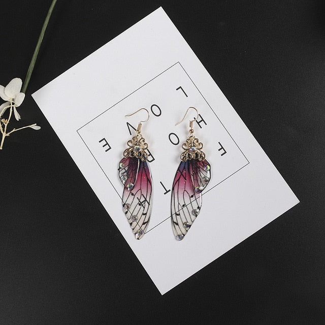 Handmade Fairy Simulation Wing Earrings Insect Butterfly Wing Drop Earrings Foil Rhinestone Earrings Romantic Bridal Jewelry